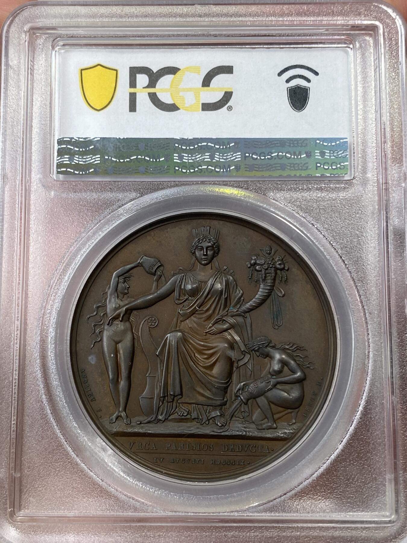 万国钱币拍卖第050期（万国五十期纪念大拍） PCGS SP64 1809年法国拿破仑运河开通纪念大铜章 巴黎女神沐足 铜光充沛顶级品相
