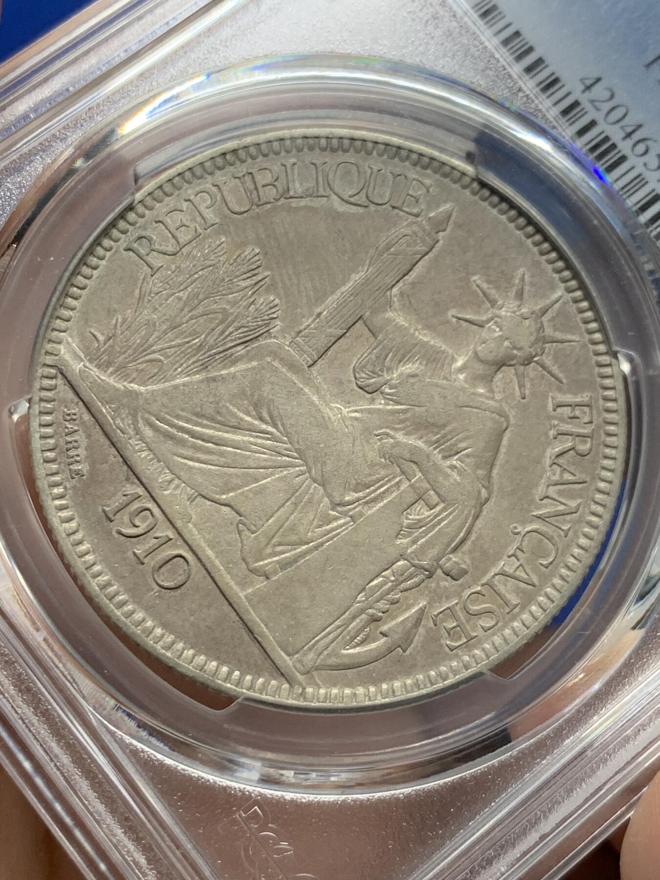 《竞宝斋》第405场 周日，周一，2场连拍 （全场包邮） PCGS XFD 法属 1910-A 坐洋 1皮亚斯特 五珍之一 稀少年份