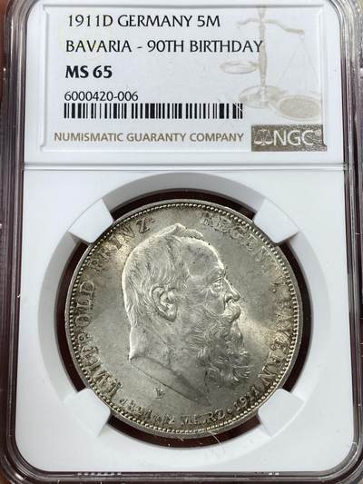 万国钱币拍卖第050期（万国五十期纪念大拍） - NGC MS65 1911年德国巴伐利亚摄政王利奥波德90大寿纪念5马克 丝绸光淡彩环绕BU收藏级