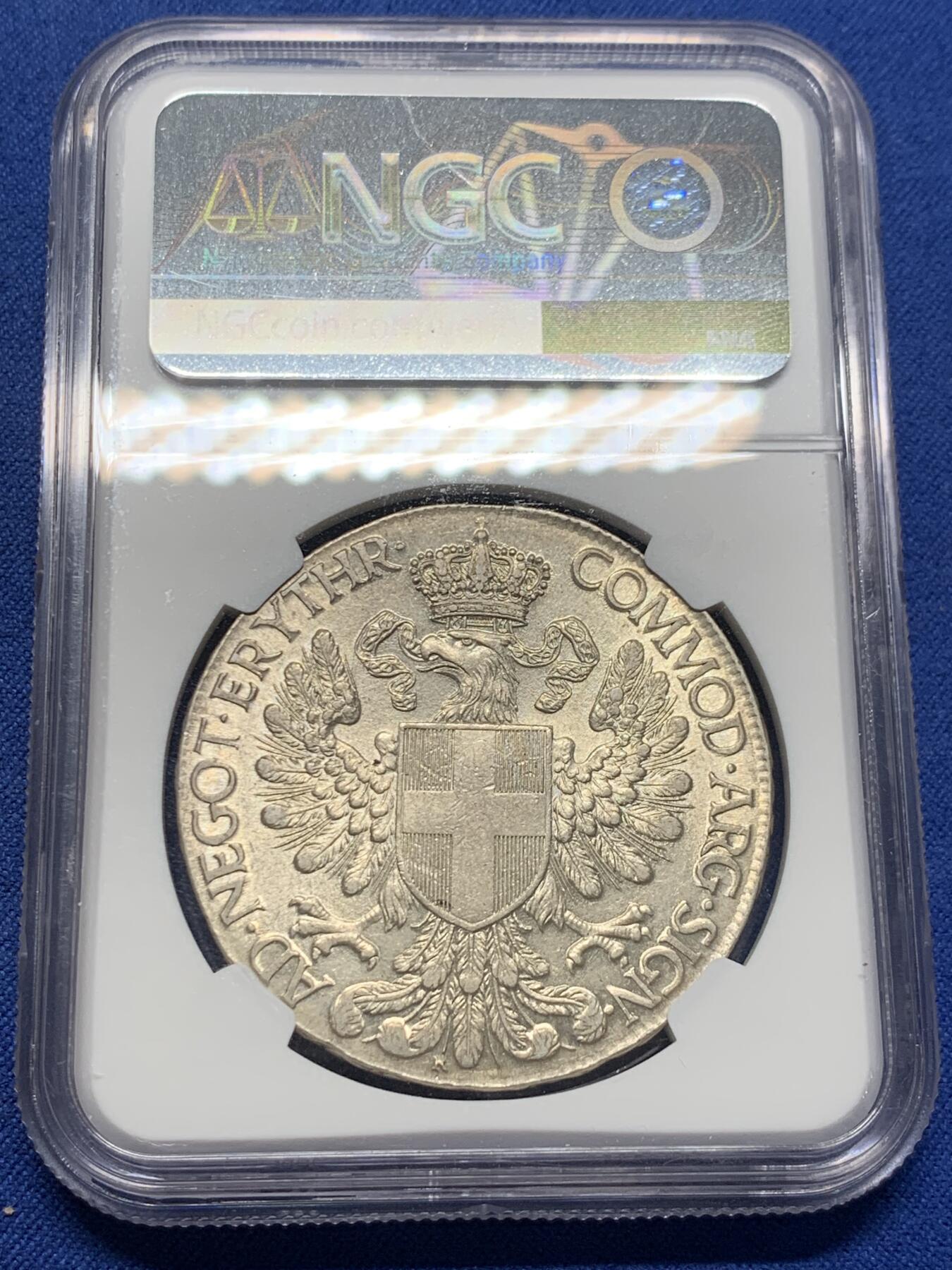 《竞宝斋》第405场 周日，周一，2场连拍 （全场包邮） NGC AU58 意属厄立特里亚 1918年特蕾莎1TALERO大银币，单年版，铸量仅有51万枚，此前63分稀奇12000元成交。此枚光度极佳，状态舒服，性价比之选