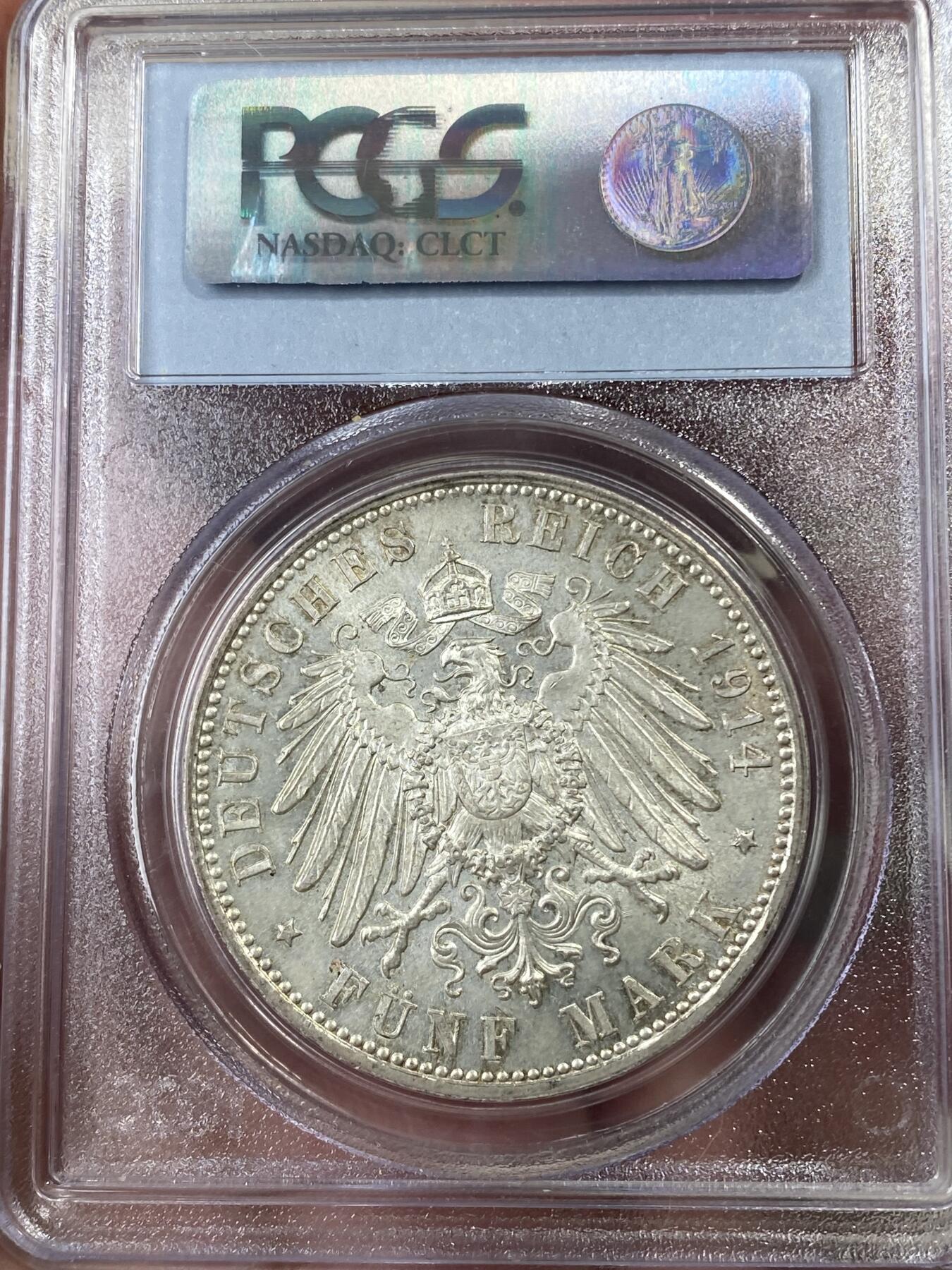 万国钱币拍卖第050期（万国五十期纪念大拍） PCGS MS64 1914年德国巴伐利亚路德维希三世长翅流通5马克 发行量142600枚 流通充分品种高分不易 PC老盒难得