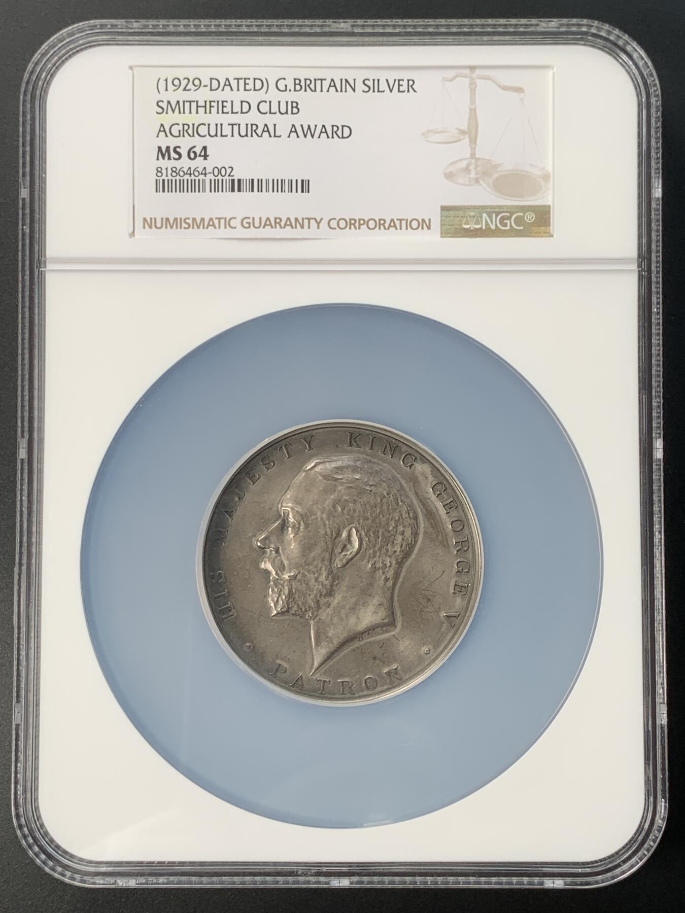 掌中浮雕-藏着的欧洲第032场 NGC MS64 : 1929年乔治五世头像-史密斯菲尔德俱乐部大银章 ，55mm