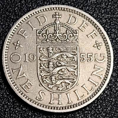 泉币菌-第64场-精品场（冲刺百粉，百粉继续福利） - 英国1955年1先令铜镍币 三师纹章 伊丽莎白二世女王 英格兰版 23.5mm 