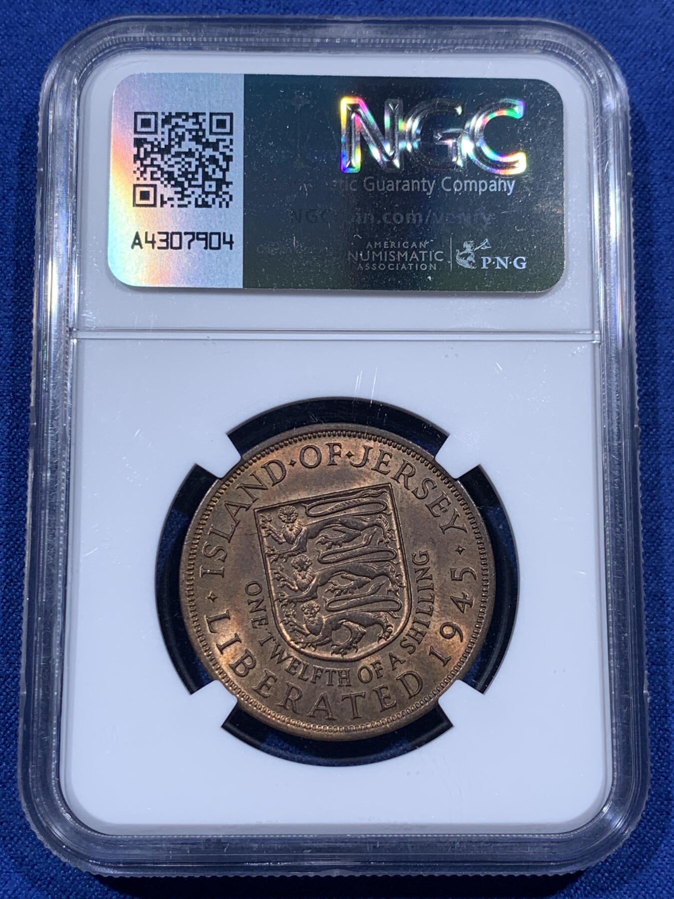 《竞宝斋》第405场 周日，周一，2场连拍 （全场包邮） NGC MS63RB 泽西岛1945年十二分之一先令，比本土便士少得多，好品难得