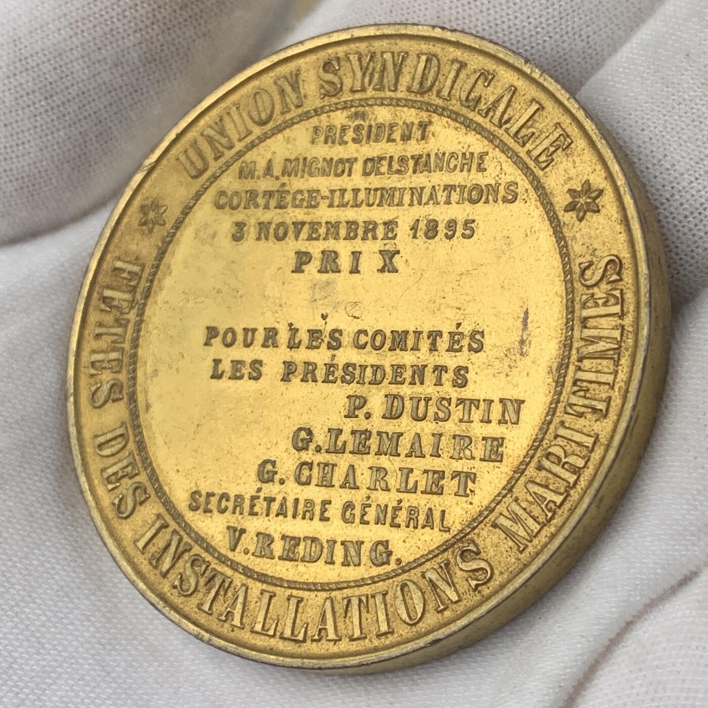 掌中浮雕-藏着的欧洲第032场 1895年布鲁塞尔海事镀金铜章 ，51mm ，52.8g