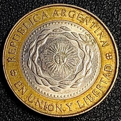 泉币菌-第64场-精品场 阿根廷2比索 太阳神双色币 24.5mm美洲币