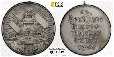 万国钱币拍卖第050期（万国五十期纪念大拍） - PCGS MS64 1934年德国莱比锡民族社会主义工人党联邦射击节纪念银章 官方发行1000纯银 40.3MM 26.05G 万字光辉照耀莱比锡民族大会战纪念碑 超罕见三帝国品种 PCGS亚军分&封面广告第一序列更高分仅一枚