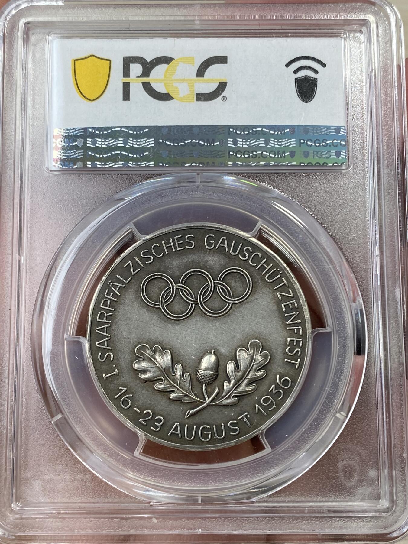 万国钱币拍卖第050期（万国五十期纪念大拍） PCGS MS62 1936年德国民族社会主义工人党奥林匹克运动会期间莱茵兰-普法尔茨州纽斯塔葡萄酒大道第一届萨尔菲尔兹高射击节银章 三帝国极其罕见射击节品种 原味天鹅绒酱彩  葡萄酒之路小城城市景观精美异常 目前其是德国著名旅游路线 全长约85公里 33.1MM