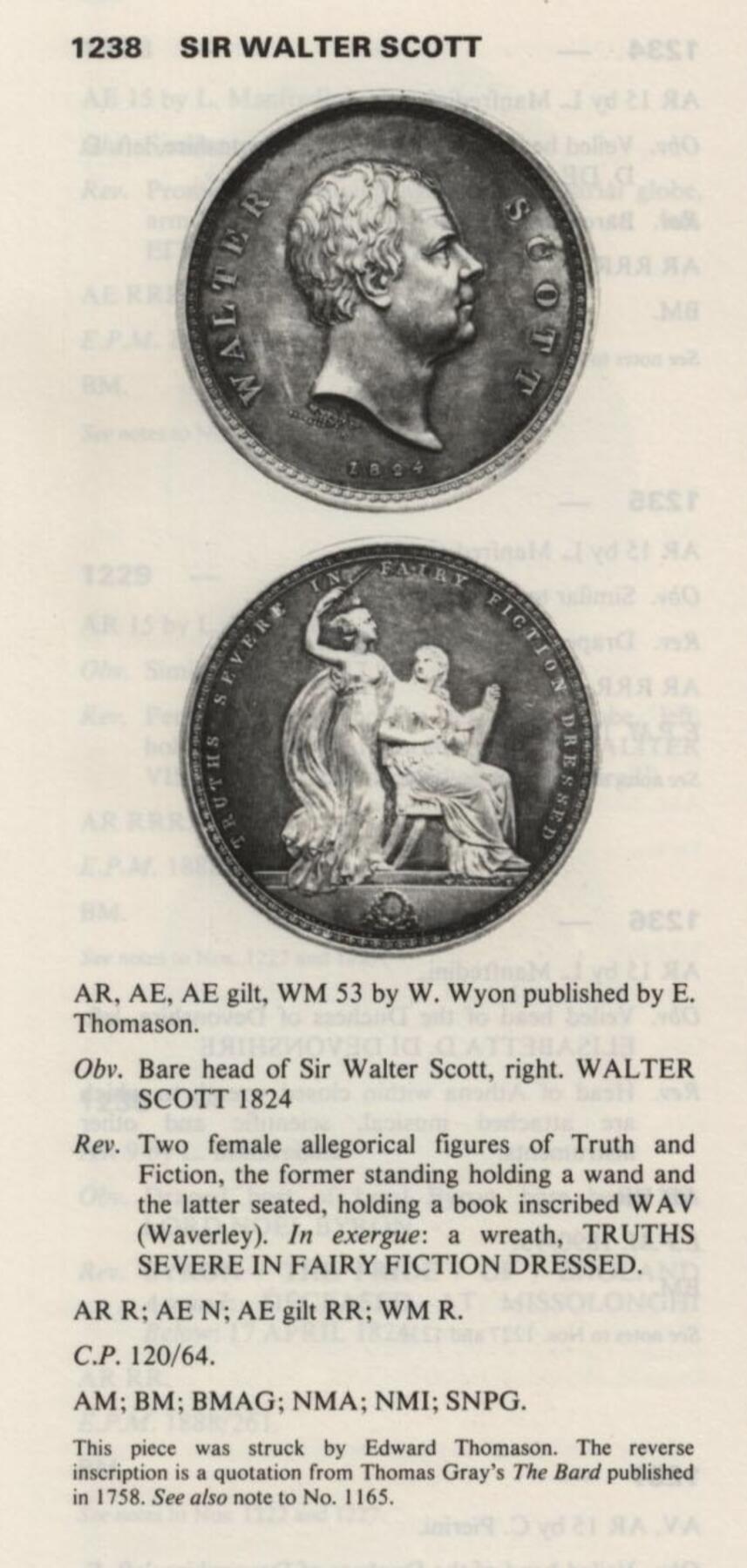 掌中浮雕-藏着的欧洲第032场 PCGS SP61 ：1824年英国作家司哥特银章，53mm