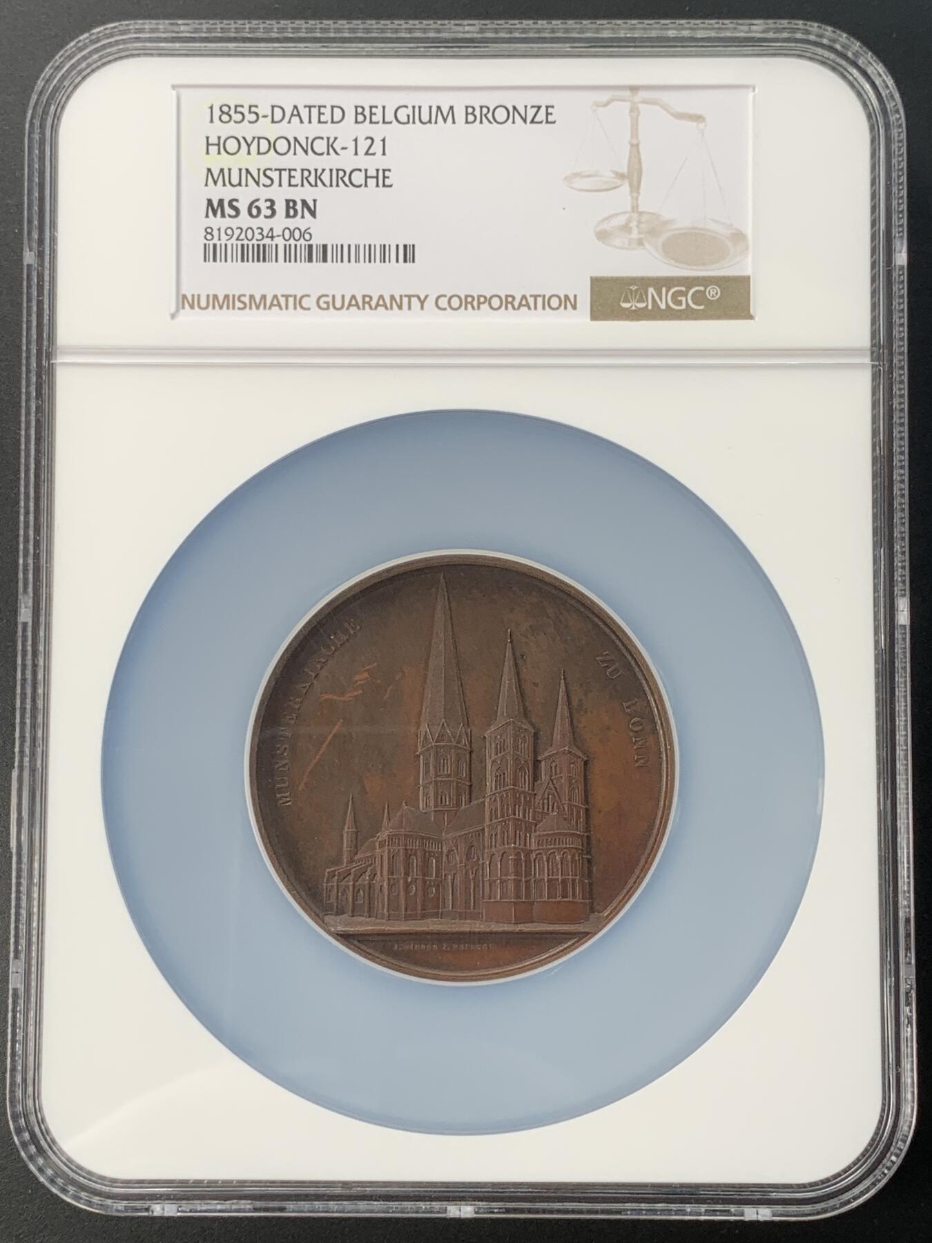 掌中浮雕-藏着的欧洲第032场 NGC MS63 : 1855年德国波恩 Munsterkirche 大教堂铜章，59mm，大师维纳作品