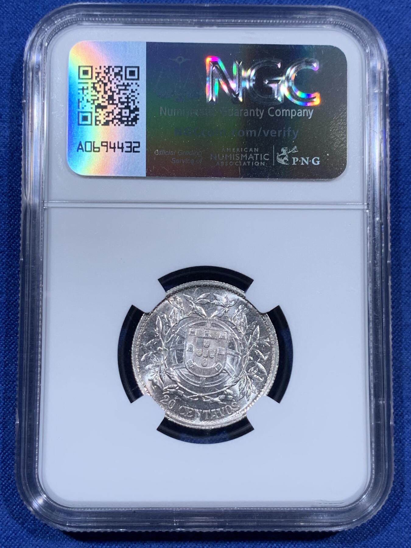 《竞宝斋》第405场 周日，周一，2场连拍 （全场包邮） NGC MS62 葡萄牙1916年自由女神20分银币