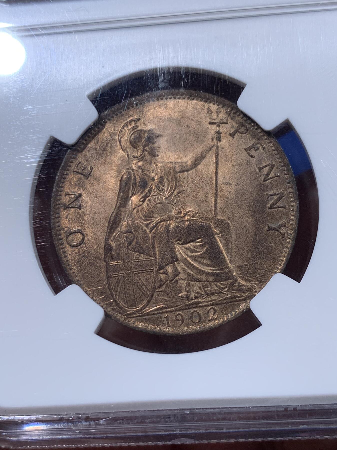 《竞宝斋》第405场 周日，周一，2场连拍 （全场包邮） 冠军分 NGC MS66RB 英国1902年爱七便士铜币，高海平面版本