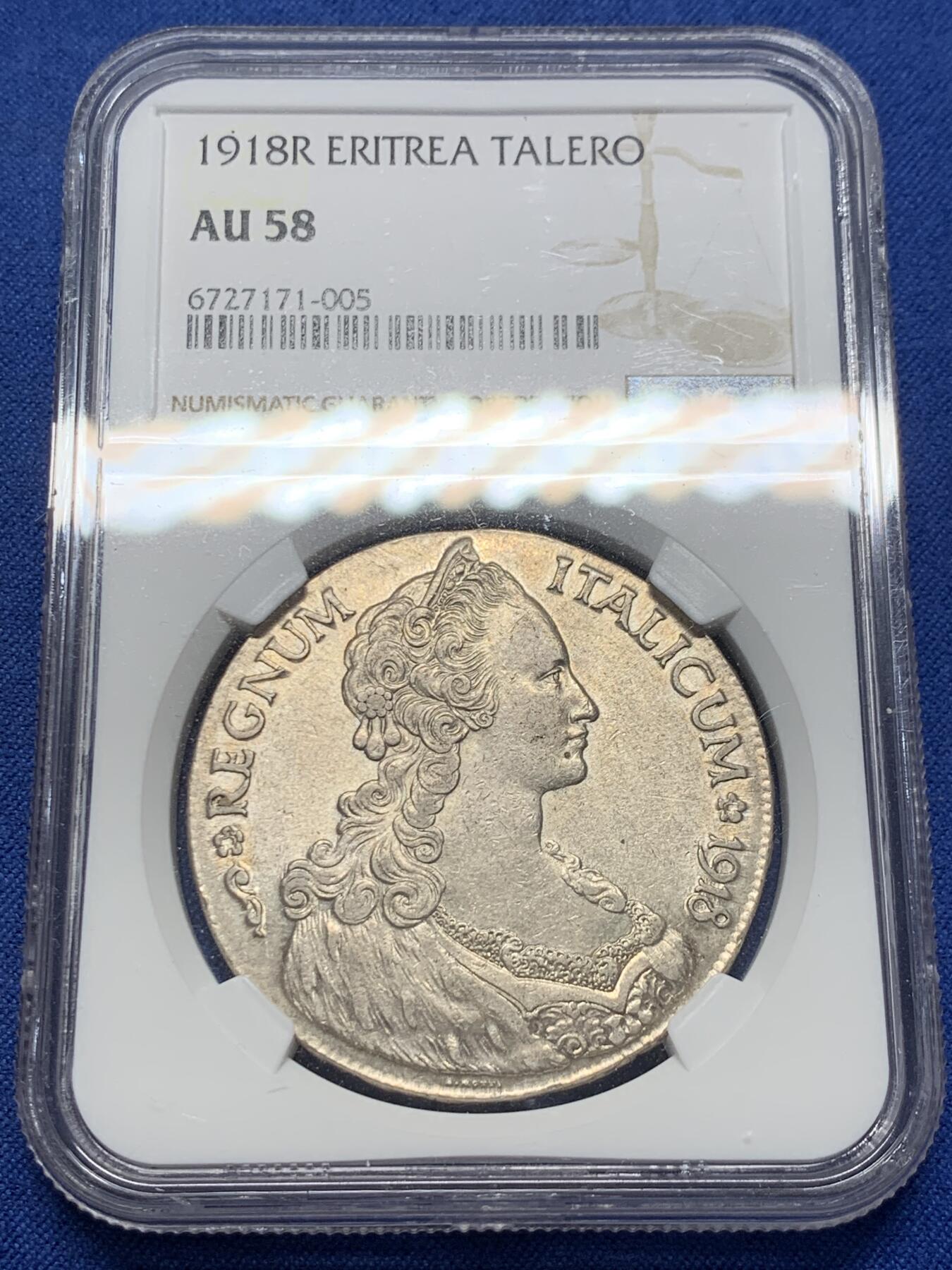 《竞宝斋》第405场 周日，周一，2场连拍 （全场包邮） NGC AU58 意属厄立特里亚 1918年特蕾莎1TALERO大银币，单年版，铸量仅有51万枚，此前63分稀奇12000元成交。此枚光度极佳，状态舒服，性价比之选