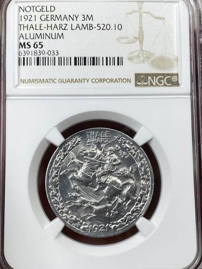 万国钱币拍卖第050期（万国五十期纪念大拍） - NGC MS65 1921年德国魏玛共和国紧急时期塔勒哈茨市3马克紧急货币 深打镜面铝制BU收藏品质