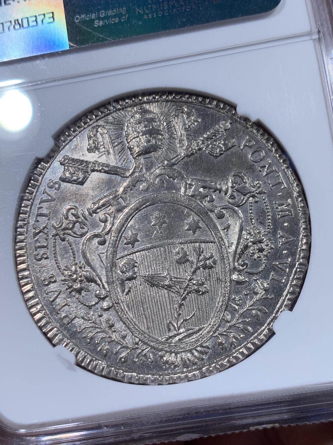 《竞宝斋》第405场 周日，周一，2场连拍 （全场包邮） 冠军分 NGC MS63 教皇国 庇护六世 1780年 1 斯库多 银币 原光底板 独年顶级状态 日常所见VF-XF为主 63分可遇不可求