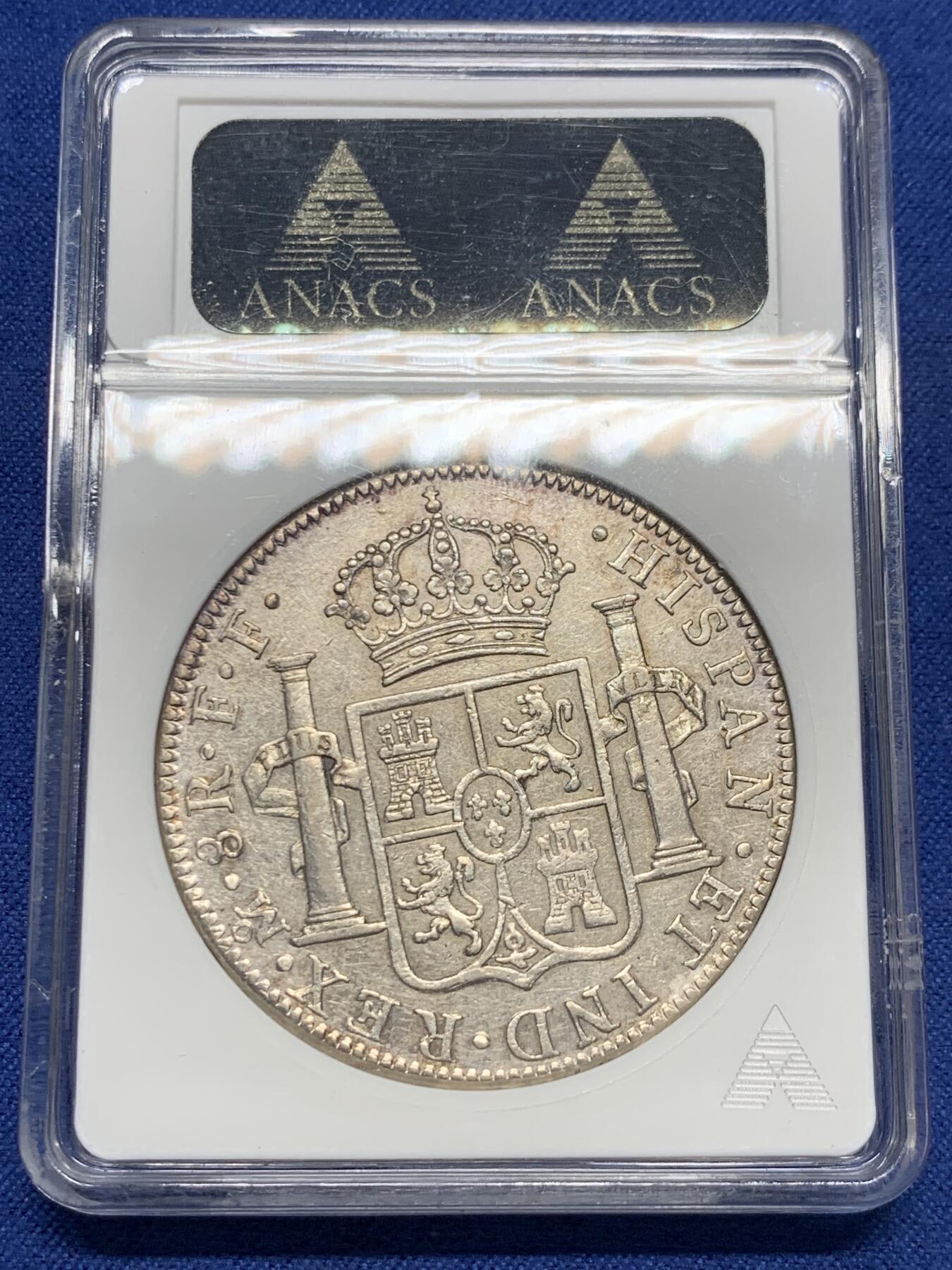 《竞宝斋》第405场 周日，周一，2场连拍 （全场包邮） ANACS AU58 西属墨西哥1778年卡三双柱8R 币面清爽，打制清晰，早期小白盒，小巧精致
