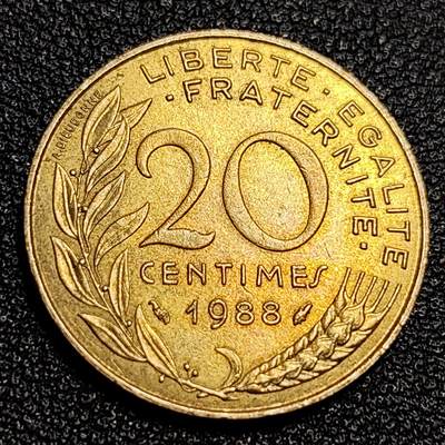 泉币菌-第63场-精品场 原铜光美品 法国1988年20生丁铜币 玛丽安娜 入欧前末版 绝版币