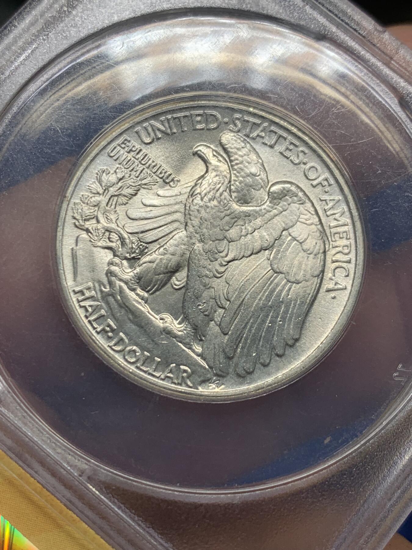 《竞宝斋》第405场 周日，周一，2场连拍 （全场包邮） ANACS MS65 美国1943年行走女神半美元银币，币面清爽干净又漂亮，打制精美，银光闪闪，转光强烈细节优秀，状态一流。ANACS小黄盒子，不输P和N盒子。