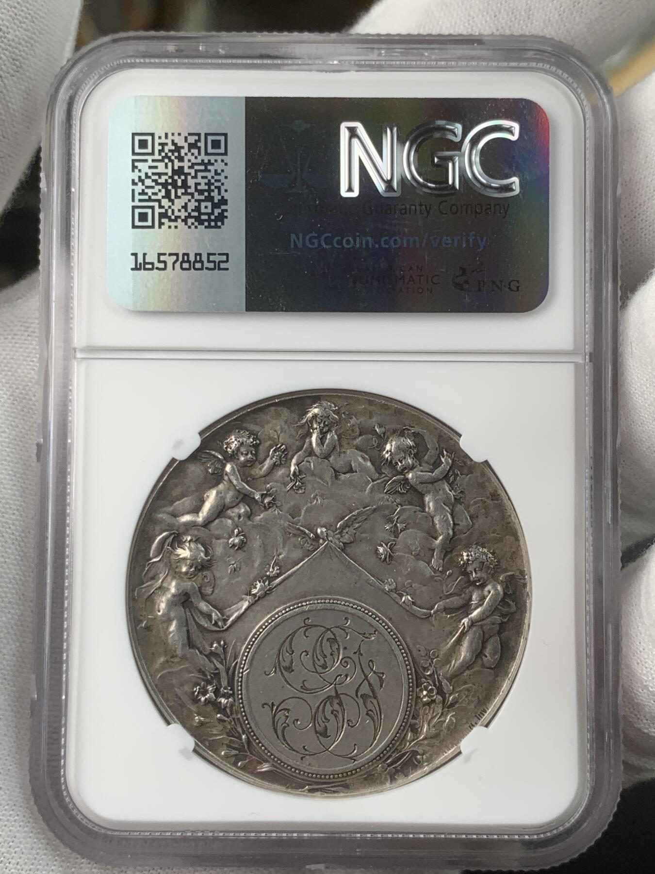 掌中浮雕-藏着的欧洲第032场 NGC MS62 ：法国Bottee “五个小天使”婚姻与爱情纪念银章，41.5mm