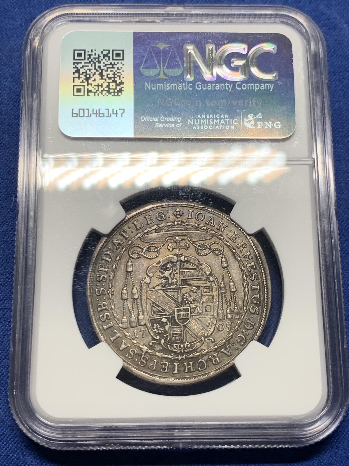 《竞宝斋》第405场 周日，周一，2场连拍 （全场包邮） NGC AU58 萨尔茨堡 1705年 1/2泰勒银币 300多年过去了 原味包浆 打制保留也不错 老币值得保留的味道