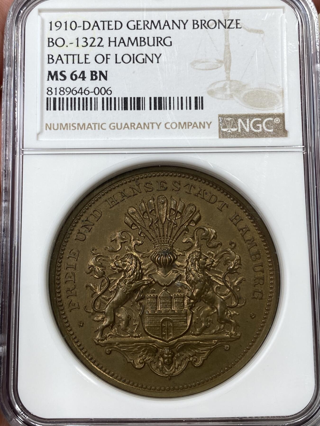 万国钱币拍卖第050期（万国五十期纪念大拍） NGC MS64 1910年德国汉堡纪念洛伊尼战役40周年大铜章 高浮雕原铜光 42.7MM 34.9G