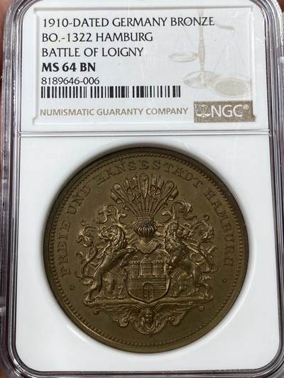 万国钱币拍卖第050期（万国五十期纪念大拍） - NGC MS64 1910年德国汉堡纪念洛伊尼战役40周年大铜章 高浮雕原铜光 42.7MM 34.9G