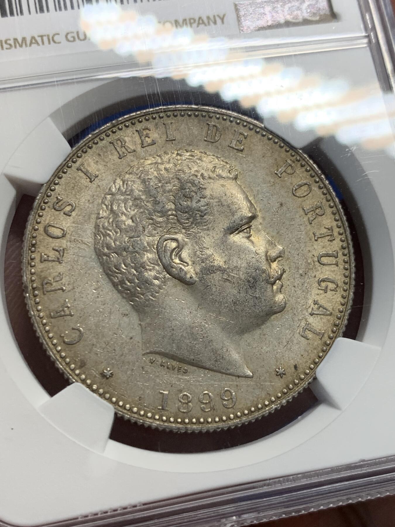 《竞宝斋》第405场 周日，周一，2场连拍 （全场包邮） NGC AU58 葡萄牙1899年卡洛斯一世头像1000瑞斯大银币