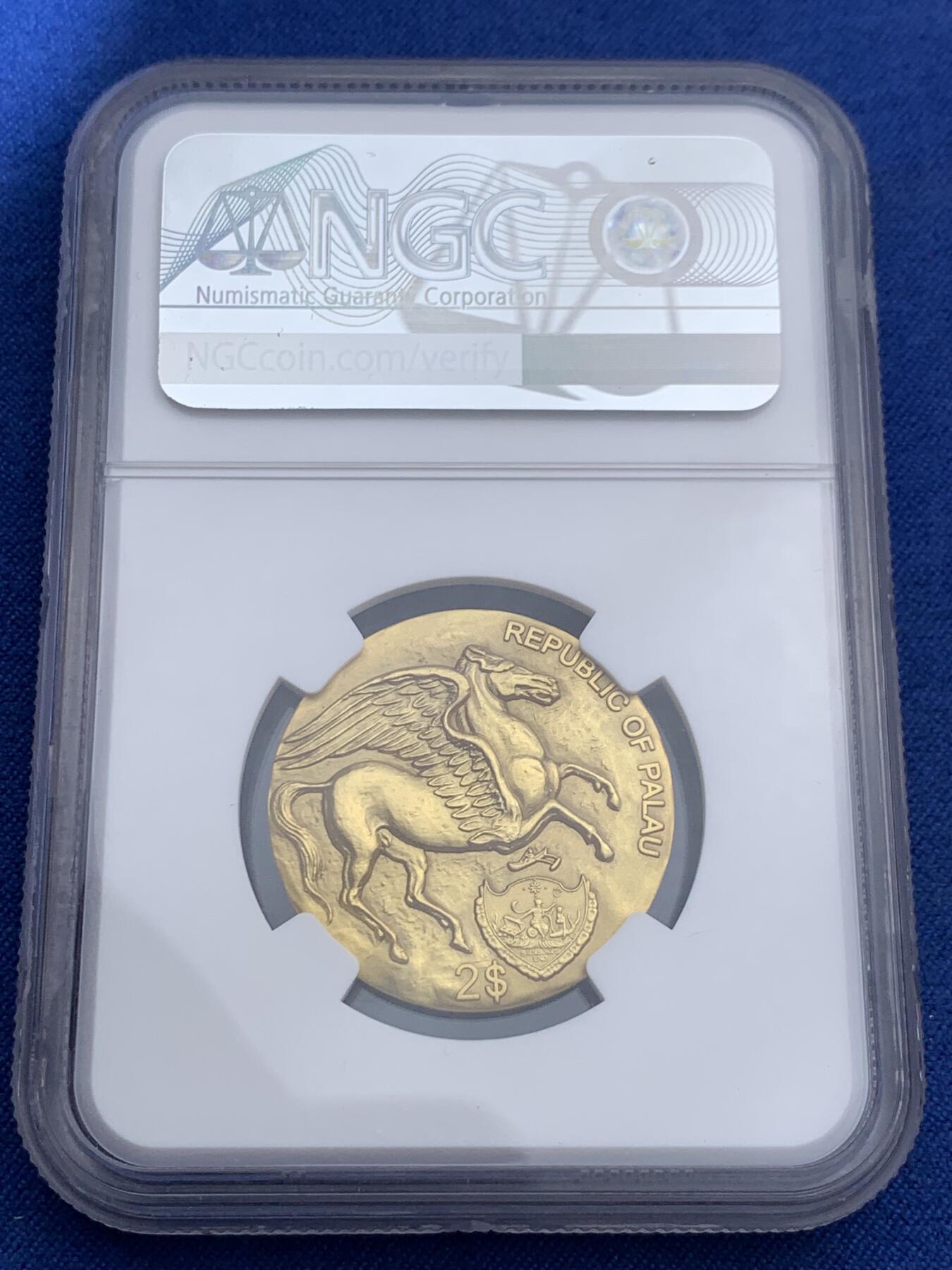 《竞宝斋》第405场 周日，周一，2场连拍 （全场包邮） NGC MS70 帕劳迦太基女神-飞马镀金银币，复刻珍稀古币，采用智能造币技术，超高浮雕，实物精美，视觉冲击强，NGC首期蓝标，满分70分。