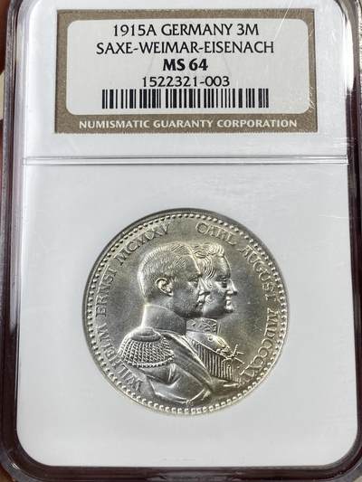 万国钱币拍卖第050期（万国五十期纪念大拍） - NGC MS64 1915年德国萨克森-魏玛-爱森纳赫大公国3马克 设计独特的罕见小邦品种 异形帝国鹰配银霜转光底板 NGC老盒