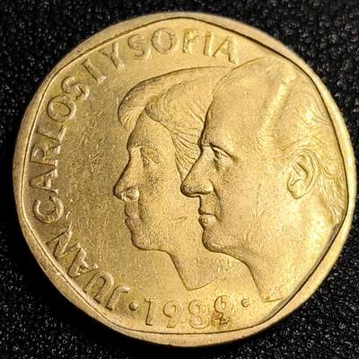 泉币菌-第64场-精品场 少见 铜光美品 西班牙1989年卡洛斯苏菲亚夫妇500比塞塔 铜 厚重 28mm 