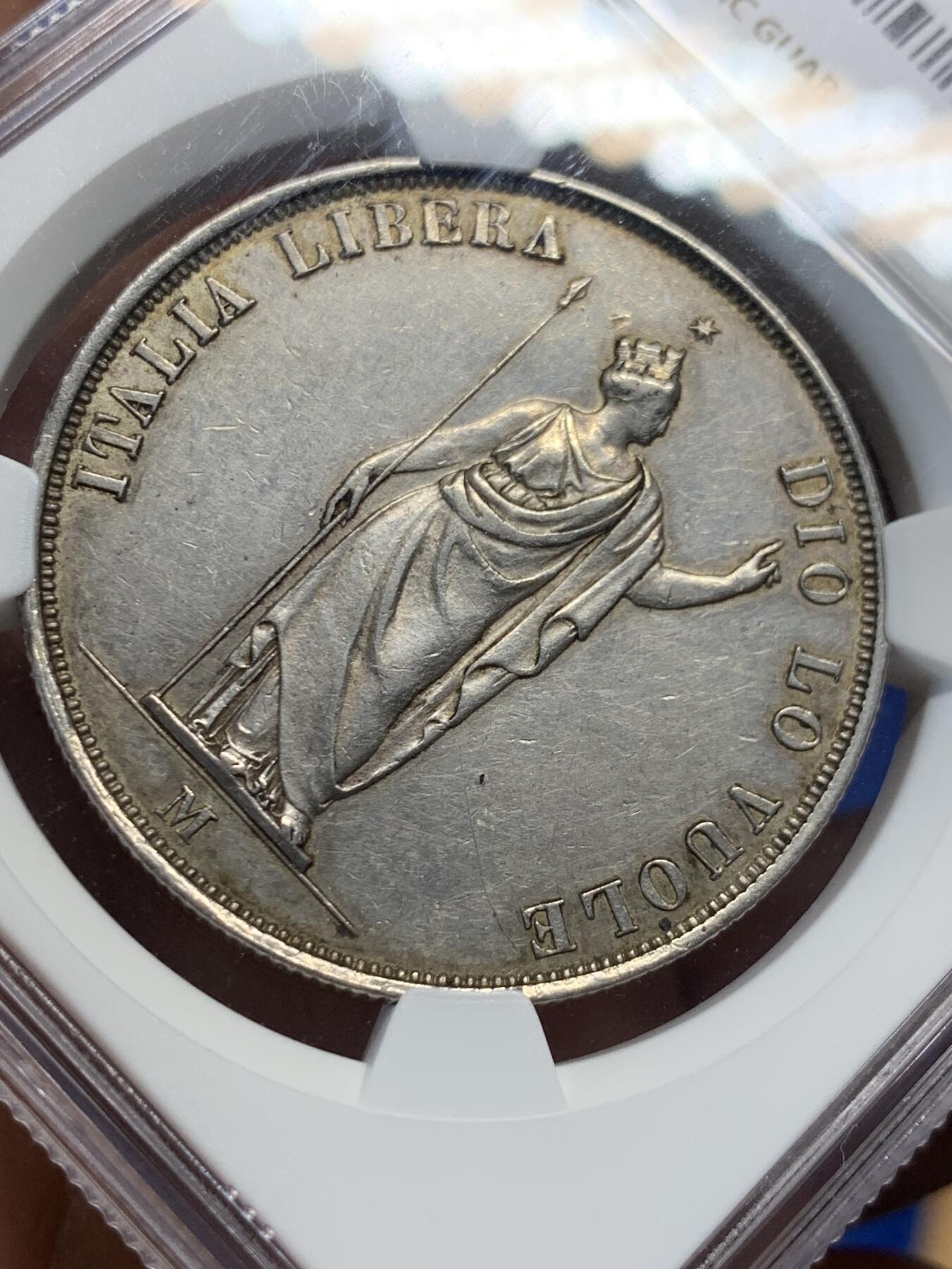 《竞宝斋》第405场 周日，周一，2场连拍 （全场包邮） NGC AU55 意大利1848年伦巴第革命政府5里拉大银币，原味包浆非常舒服。