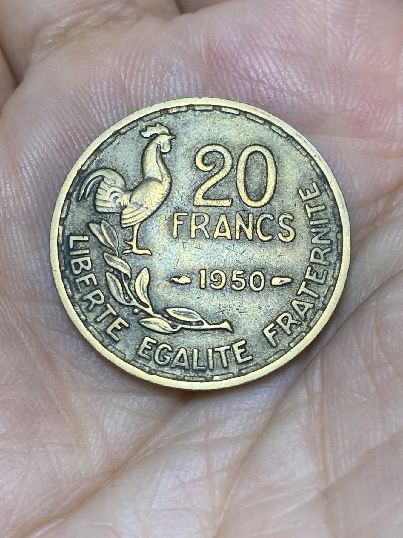 2025年第七十一场(总第九十七场）外国好品散币(免佣金) 少见–法国🇫🇷1950单年份20法郎(头像后双排字版)
