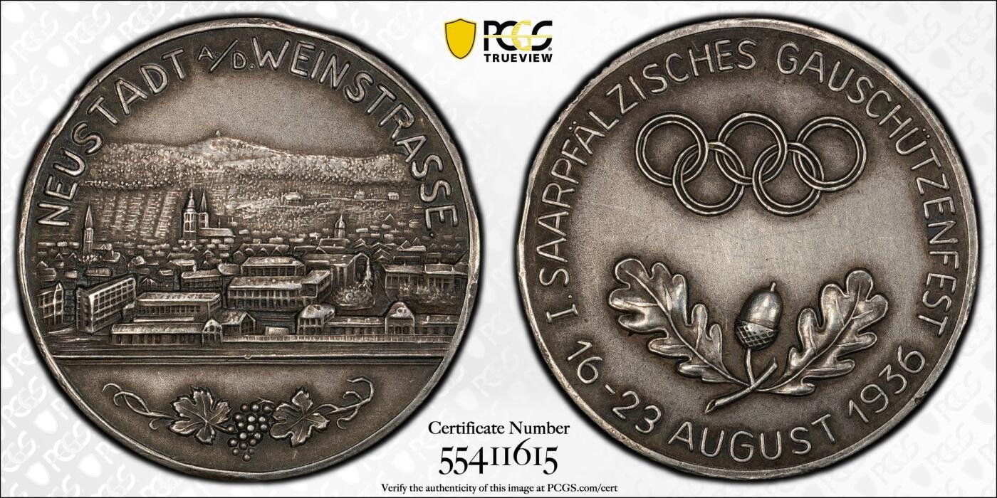 万国钱币拍卖第050期（万国五十期纪念大拍） PCGS MS62 1936年德国民族社会主义工人党奥林匹克运动会期间莱茵兰-普法尔茨州纽斯塔葡萄酒大道第一届萨尔菲尔兹高射击节银章 三帝国极其罕见射击节品种 原味天鹅绒酱彩  葡萄酒之路小城城市景观精美异常 目前其是德国著名旅游路线 全长约85公里 33.1MM