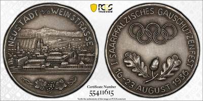 万国钱币拍卖第050期（万国五十期纪念大拍） - PCGS MS62 1936年德国民族社会主义工人党奥林匹克运动会期间莱茵兰-普法尔茨州纽斯塔葡萄酒大道第一届萨尔菲尔兹高射击节银章 三帝国极其罕见射击节品种 原味天鹅绒酱彩  葡萄酒之路小城城市景观精美异常 目前其是德国著名旅游路线 全长约85公里 33.1MM
