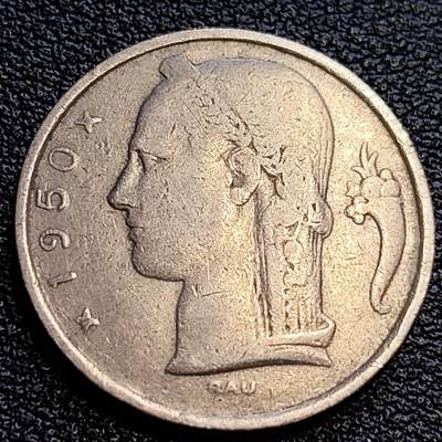 泉币菌-第63场-精品场 比利时1950年5法郎铜镍币（佛兰芒文版BELGIË），谷物女神，24mm