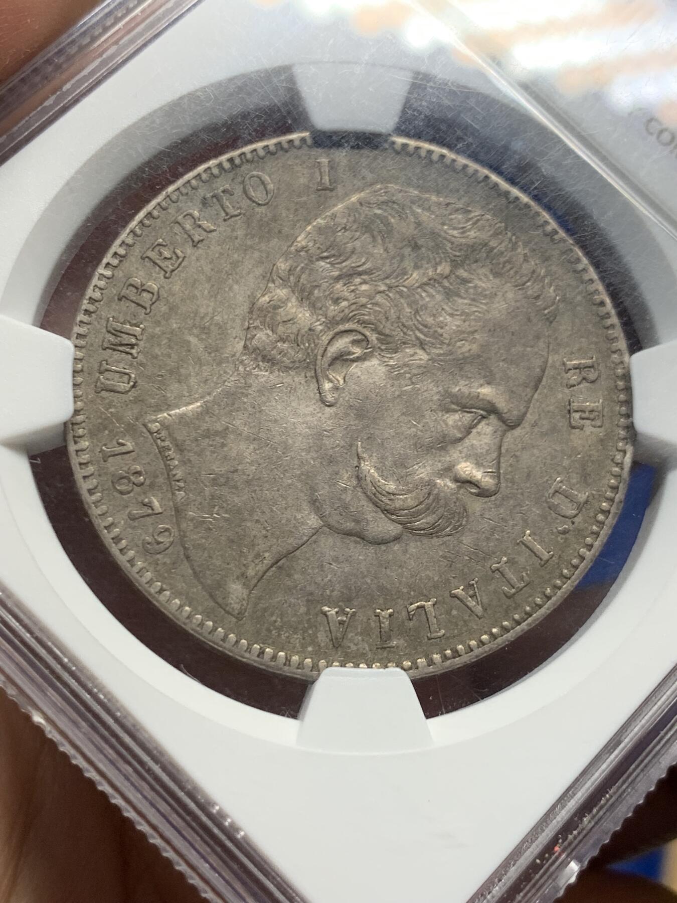 《竞宝斋》第405场 周日，周一，2场连拍 （全场包邮） NGC AU53 意大利1879年翁贝托一世，五里拉大银币，通货能见，有分原包浆不多，非常漂亮的欧洲老灰包浆