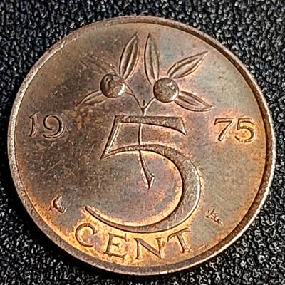 泉币菌-第64场-精品场（冲刺百粉，百粉继续福利） - 极美 荷兰王国 1975年5分 橙子 朱丽安娜女王 公鸡&星星暗记 青铜币 21mm 