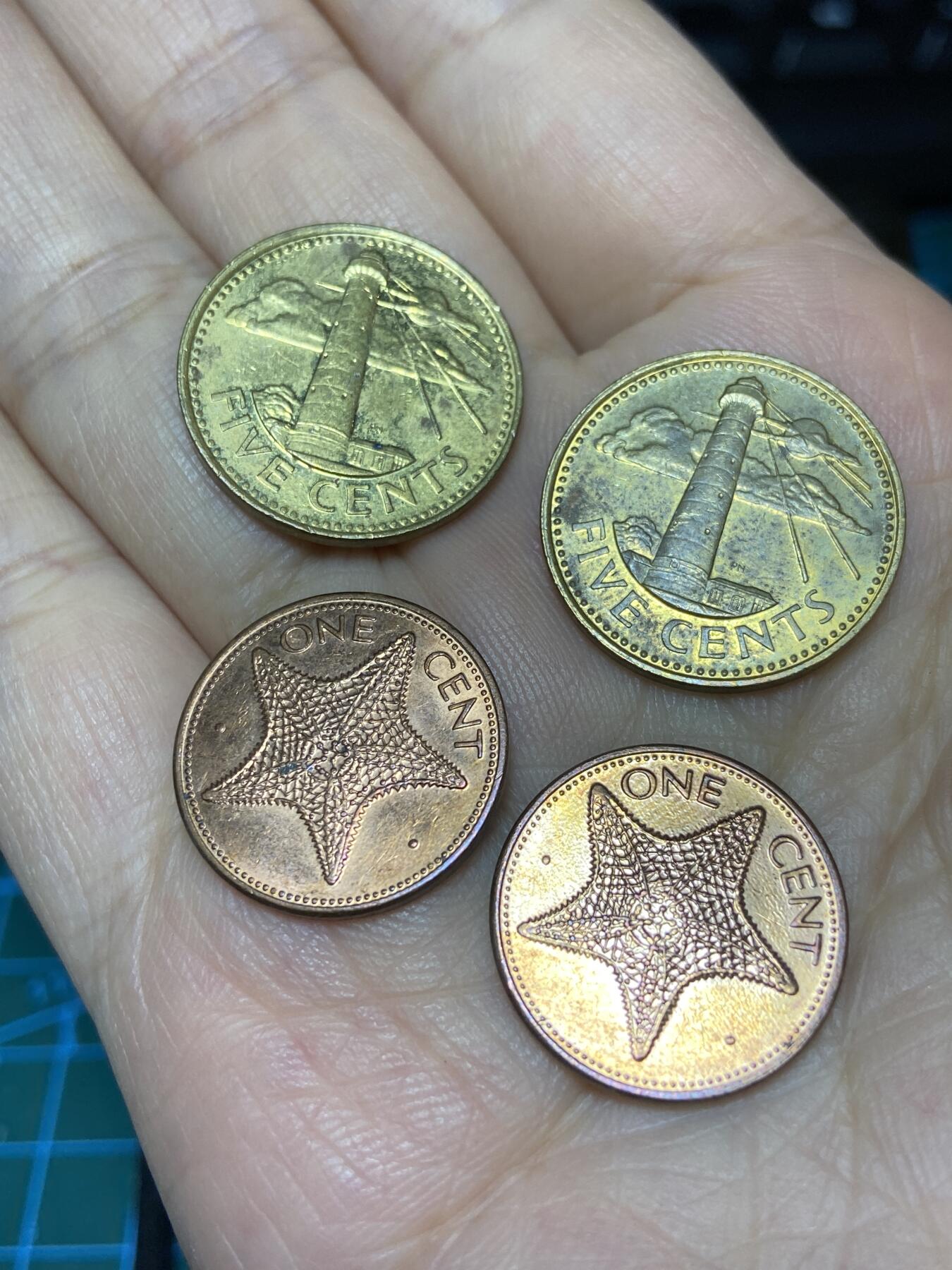 2025年第七十一场(总第九十七场）外国好品散币(免佣金) 4枚：巴巴多斯🇧🇧1991年、1998年5分，巴哈马🇧🇸1985年、1997年1分