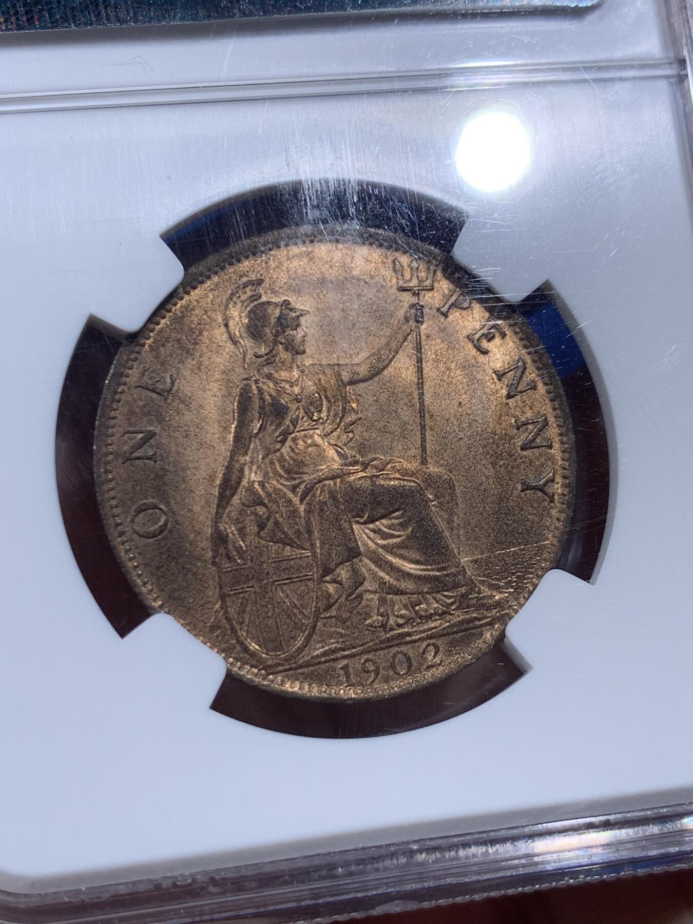 《竞宝斋》第405场 周日，周一，2场连拍 （全场包邮） 冠军分 NGC MS66RB 英国1902年爱七便士铜币，高海平面版本