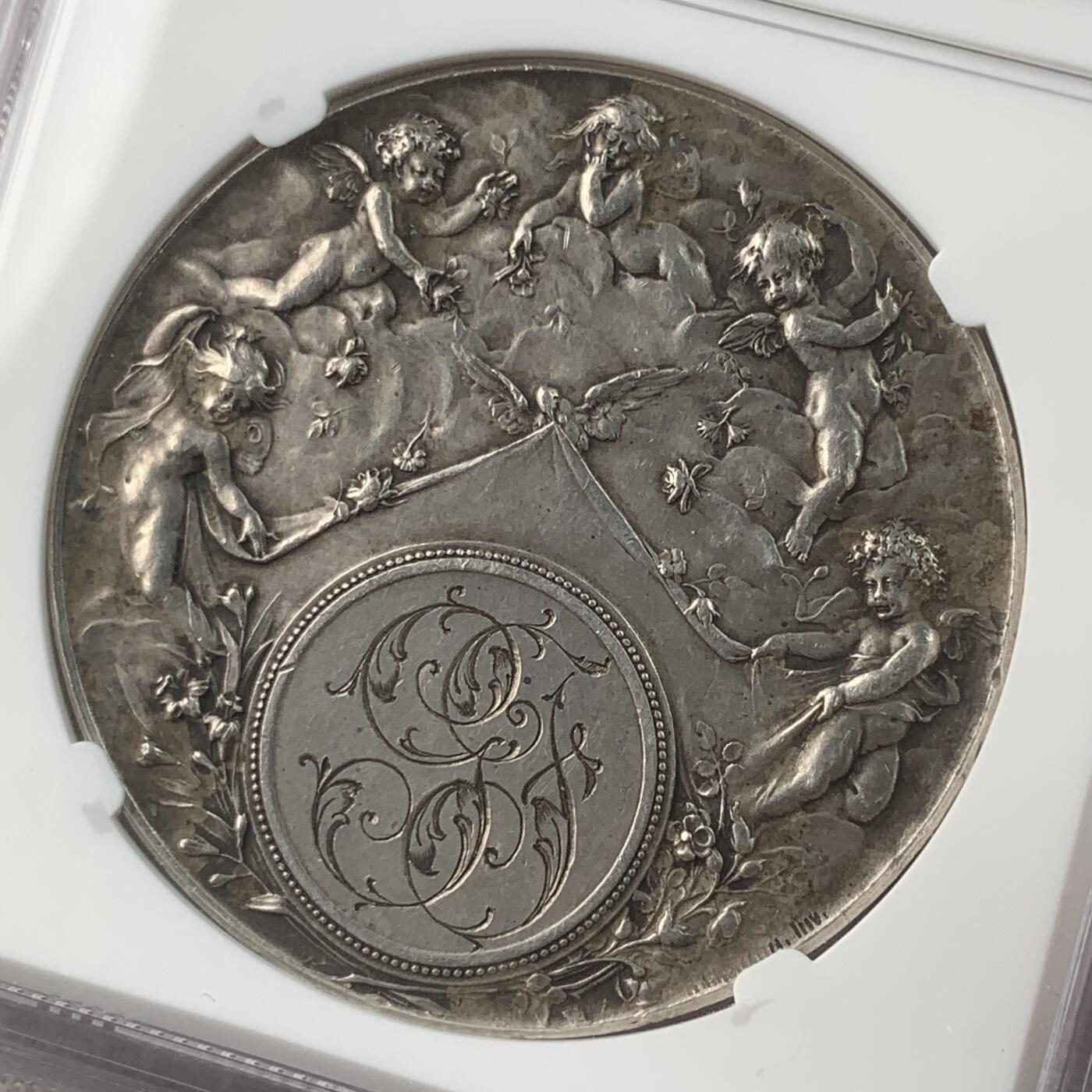 掌中浮雕-藏着的欧洲第032场 NGC MS62 ：法国Bottee “五个小天使”婚姻与爱情纪念银章，41.5mm