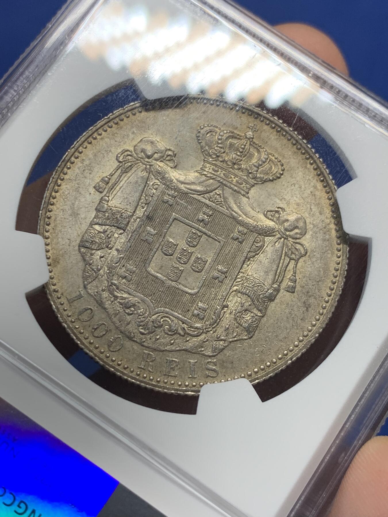 《竞宝斋》第405场 周日，周一，2场连拍 （全场包邮） NGC AU58 葡萄牙1899年卡洛斯一世头像1000瑞斯大银币