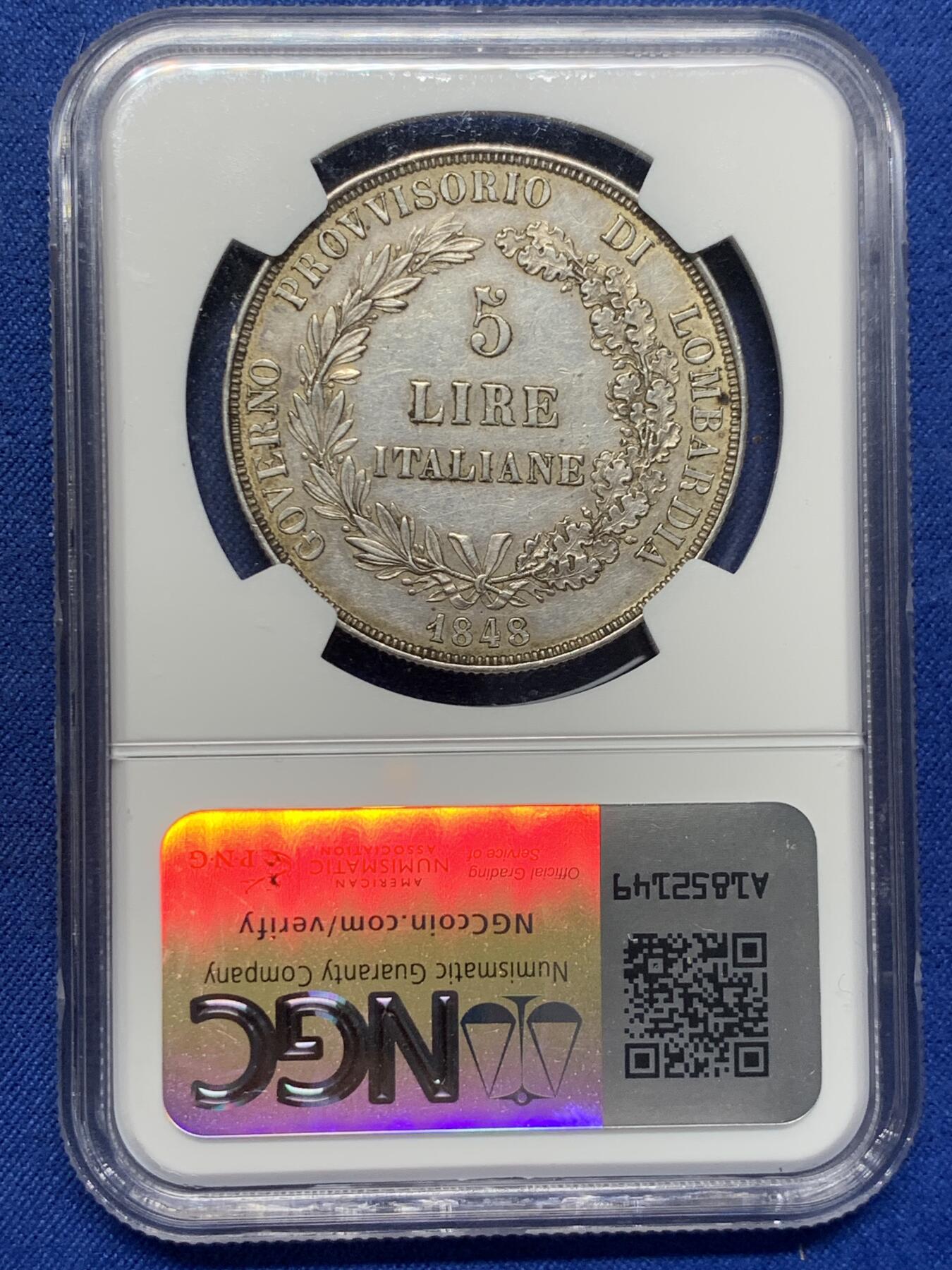 《竞宝斋》第405场 周日，周一，2场连拍 （全场包邮） NGC AU55 意大利1848年伦巴第革命政府5里拉大银币，原味包浆非常舒服。