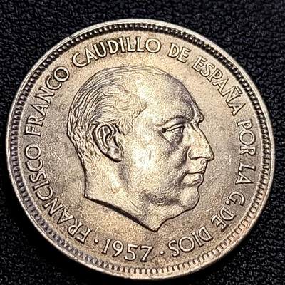 泉币菌-第63场-精品场 少见 原光美品 西班牙1957年25比塞塔 弗朗哥鹰徽 26.5mm