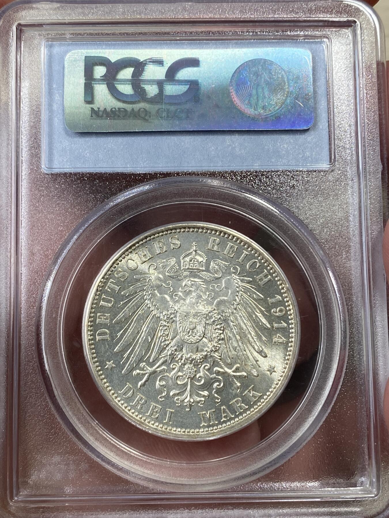 万国钱币拍卖第050期（万国五十期纪念大拍） PCGS MS63 1914年德国安哈特-德邵弗里德里希二世银婚长翅3马克 PCGS老盒 全原光状态