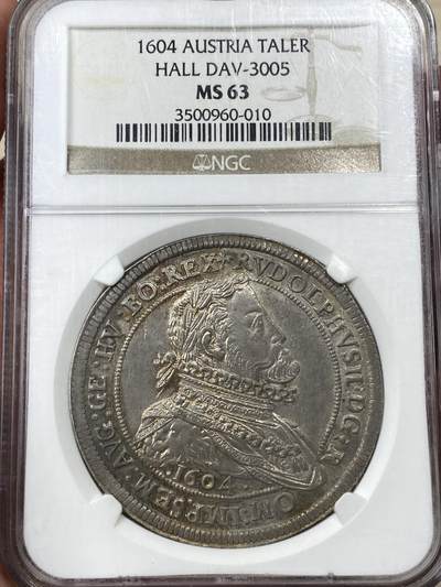 万国钱币拍卖第050期（万国五十期纪念大拍） - NGC MS63 1604年神圣罗马帝国鲁道夫二世盾徽泰勒 全深打细节锋利 原味纸袋包浆 NGC唯一亚军分 顶级收藏品质