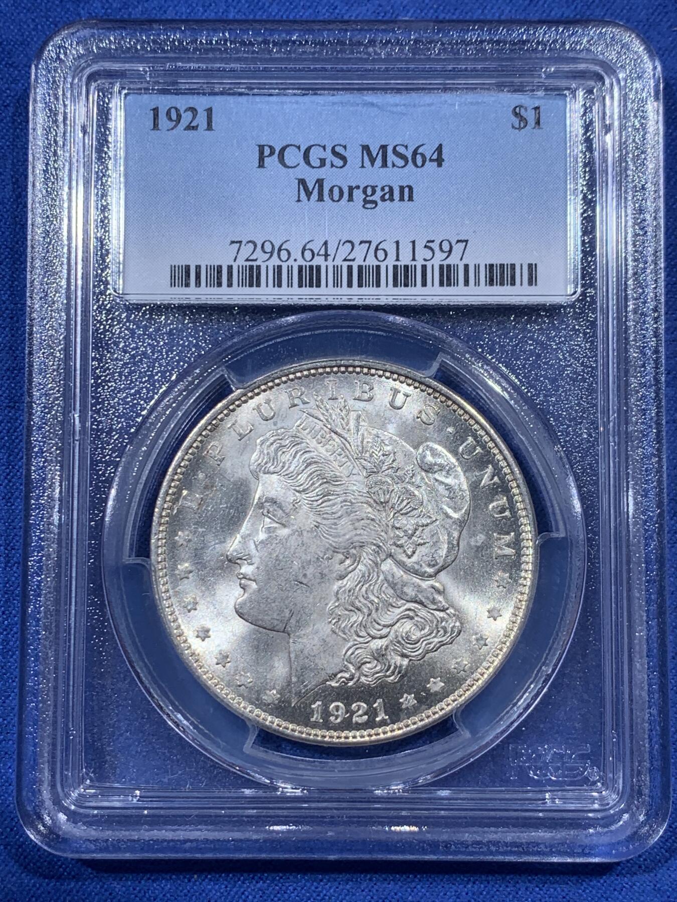 《竞宝斋》第405场 周日，周一，2场连拍 （全场包邮） PCGS MS64 美国1921年摩根一美元银币