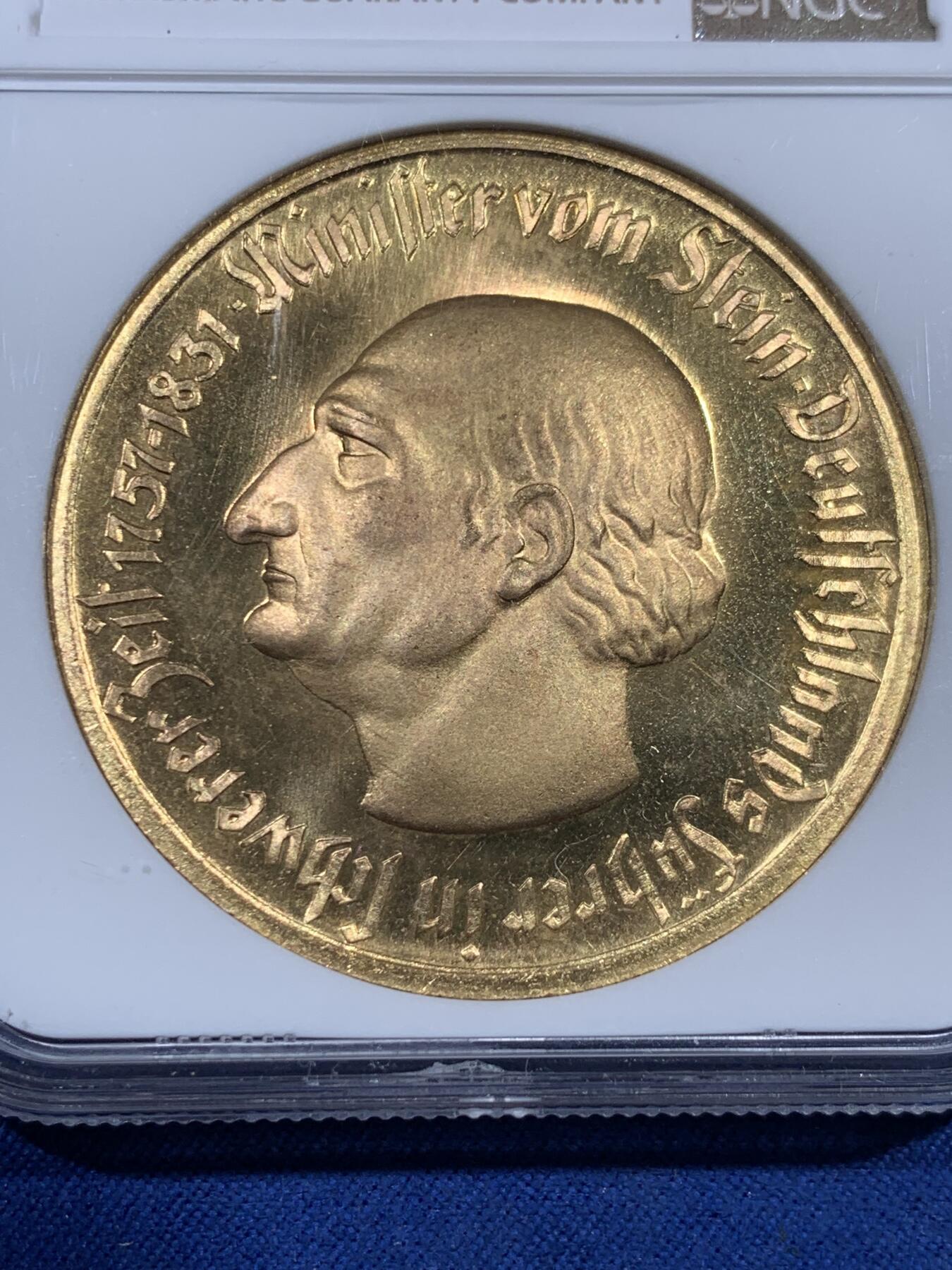 《竞宝斋》第405场 周日，周一，2场连拍 （全场包邮） NGC MS66 德国1923年紧急时期威斯特法伦1万马克鎏金大马币 金层完整 高分难得