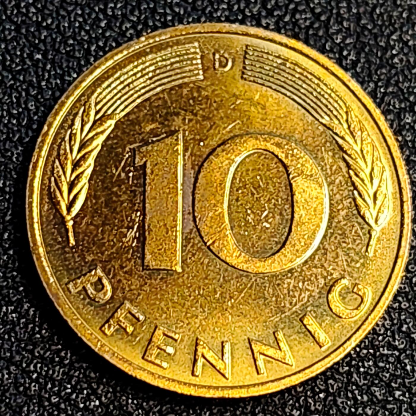 泉币菌-第64场-精品场 原铜光美品 联邦德国1991年 10芬尼硬币 橡树麦穗  银行版 21.5mm