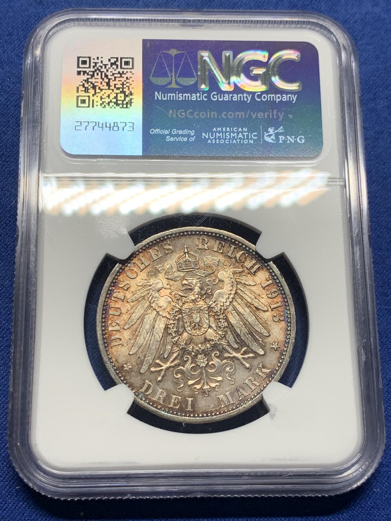 《竞宝斋》第405场 周日，周一，2场连拍 （全场包邮） NGC MS62 德国德意普鲁士 1913年 威廉二世 3马克 难得五彩包浆