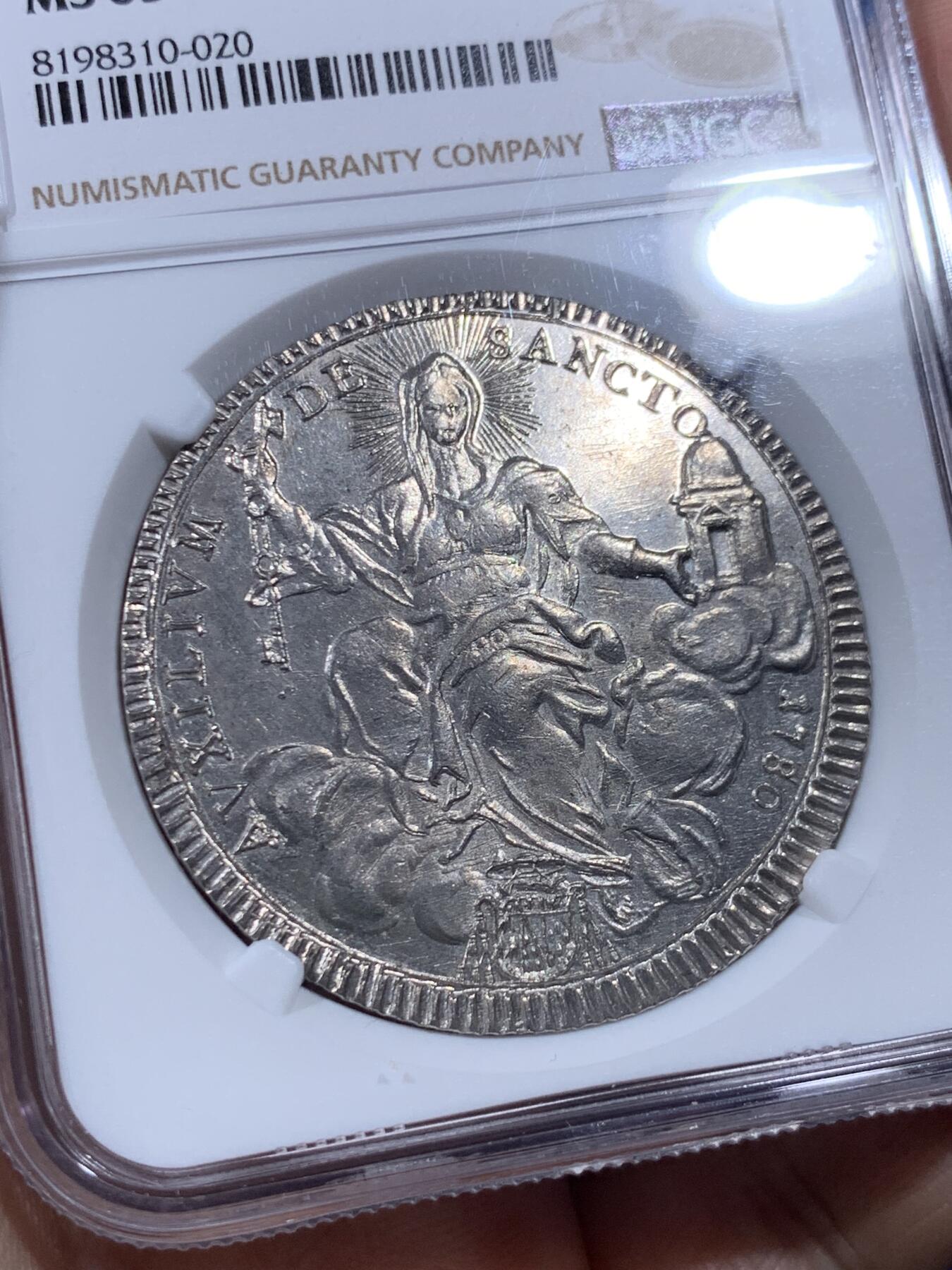 《竞宝斋》第405场 周日，周一，2场连拍 （全场包邮） 冠军分 NGC MS63 教皇国 庇护六世 1780年 1 斯库多 银币 原光底板 独年顶级状态 日常所见VF-XF为主 63分可遇不可求